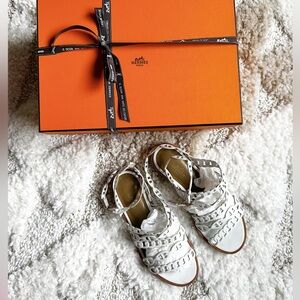 Hermes Kalliste white leather chain-link ankle strap sandals 35.5